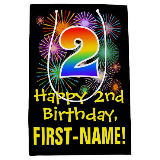 Sac Cadeau Moyen 2ème anniversaire : Fun Motif Fireworks + Rainbow  (Devant)