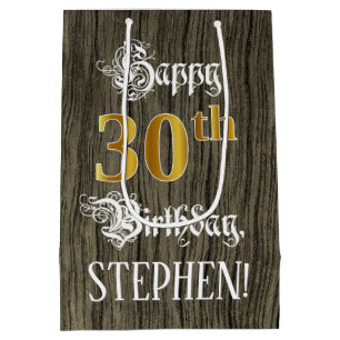 Sac Cadeau Moyen 30e anniversaire : Faux Gold Look & Faux Wood Moti
