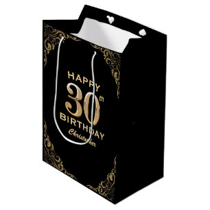 Sac Cadeau Moyen 30e anniversaire Parties scintillant noir et or ca