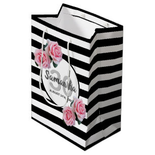 Sac Cadeau Moyen 30e anniversaire rose roses noir blanc rayures