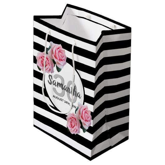 Sac Cadeau Moyen 30e anniversaire rose roses noir blanc rayures (Devant Angle)