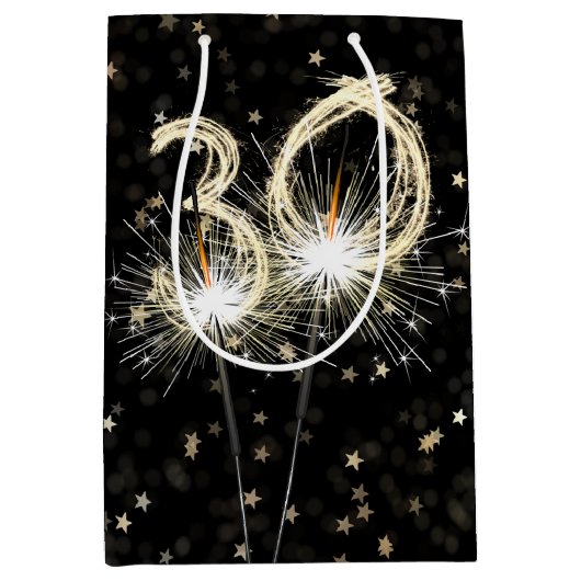 Sac Cadeau Moyen 30e anniversaire Sparklers en noir avec étoiles (Devant)