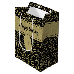 Sac Cadeau Moyen 30ème or heureux d'anniversaire et motif noir de