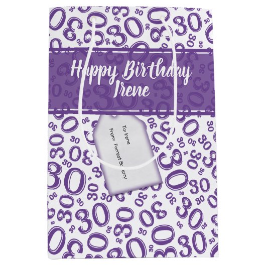 Sac Cadeau Moyen 30th Birthday Random Number Pattern Purple/White (Devant)