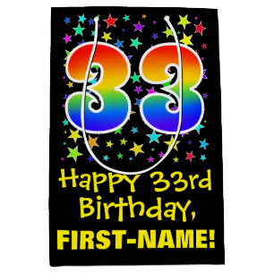 Sac Cadeau Moyen 33e anniversaire : Colorful Stars Motif & Rainbow 