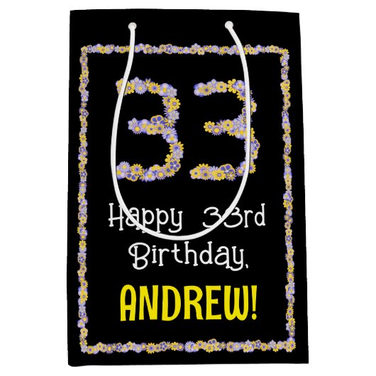 Sac Cadeau Moyen 33e anniversaire : Floral Flowers Numéro, Nom pers (Devant)