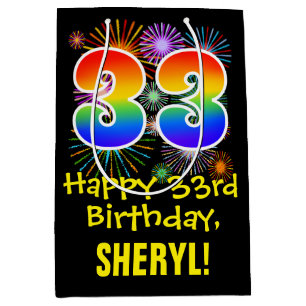Sac Cadeau Moyen 33ème anniversaire : Fun Fireworks Motif + Rainbow