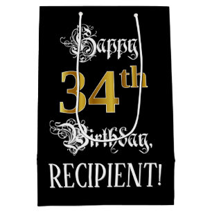 Sac Cadeau Moyen 34e anniversaire ~ Script fantaisie; Faux Gold Loo