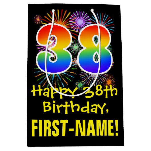 Sac Cadeau Moyen 38e anniversaire : Fun Fireworks Motif + Rainbow 3 (Devant)