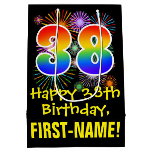 Sac Cadeau Moyen 38e anniversaire : Fun Fireworks Motif + Rainbow 3