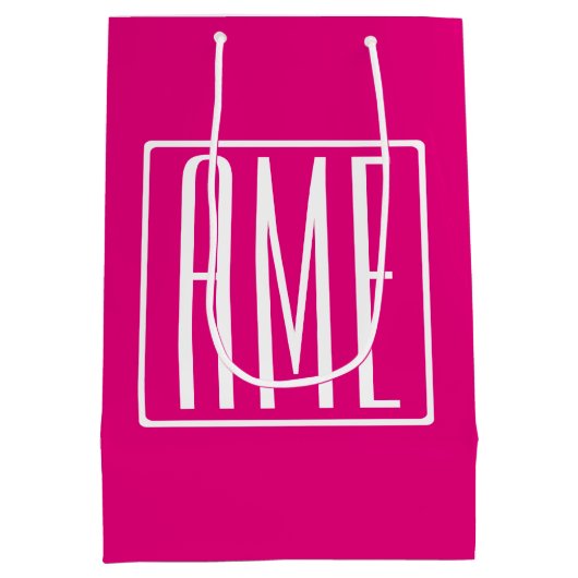 Sac Cadeau Moyen 3 Initiales Monogramme | Blanc sur rose chaud (Dos)