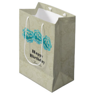 Sac Cadeau Moyen 3 Roses Aquarelles Saphyr sur Anniversaire Damassé