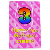 Sac Cadeau Moyen 3e anniversaire : Amusants Coeurs roses Stripes &  (Devant)