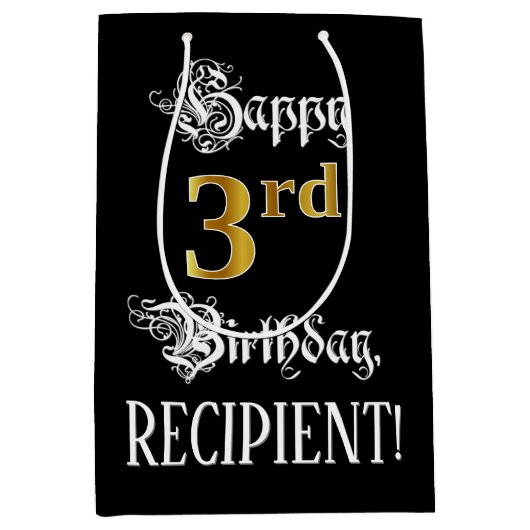 Sac Cadeau Moyen 3e anniversaire ~ Script fantaisie; Faux Gold Look (Devant)