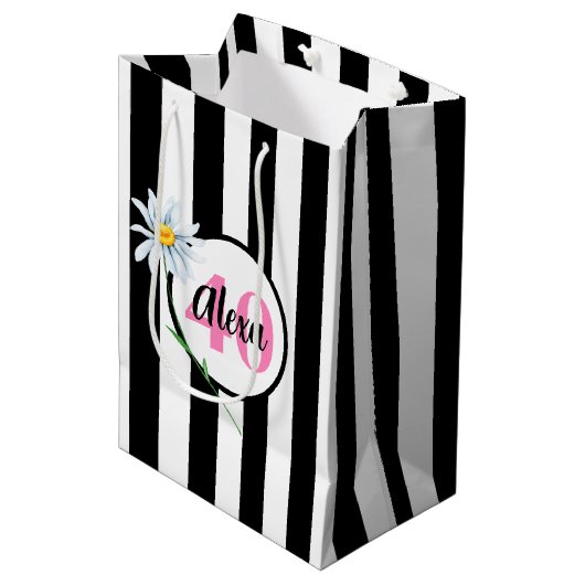 Sac Cadeau Moyen 40e anniversaire Stripes noir et blanc (Devant Angle)