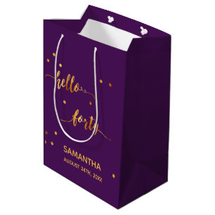 Sac Cadeau Moyen 40e anniversaire violet or bonjour 40 nom script