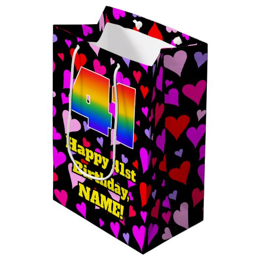 Sac Cadeau Moyen 41e anniversaire : Amour Hearts Motif, Arc en ciel (Devant Angle)