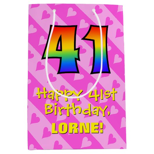 Sac Cadeau Moyen 41e anniversaire : Amusants Coeurs roses Stripes; (Devant)