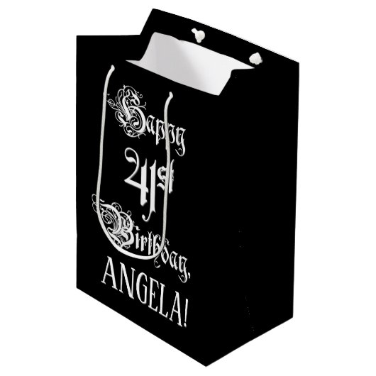 Sac Cadeau Moyen 41e anniversaire : Fancy, Elegant Script + Nom per (Devant Angle)