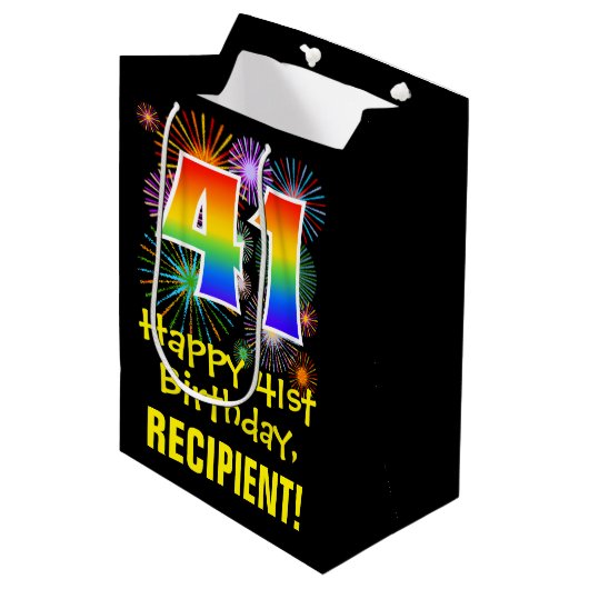 Sac Cadeau Moyen 41e anniversaire : Fun Motif feux d'artifice + Arc (Devant Angle)