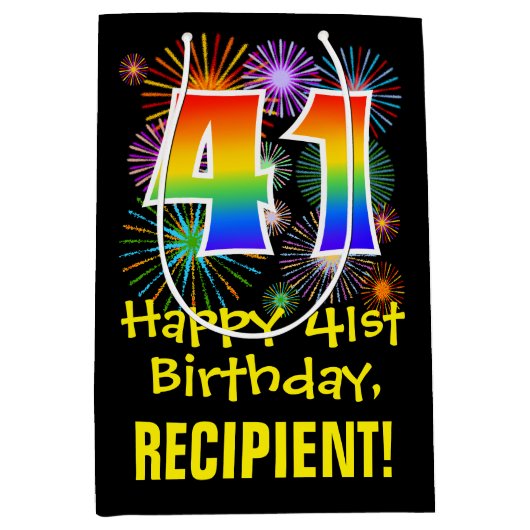 Sac Cadeau Moyen 41e anniversaire : Fun Motif feux d'artifice + Arc (Devant)