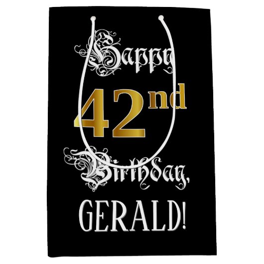 Sac Cadeau Moyen 42 nd Birthday - Fancy Script ; Faux Gold Look ; n (Devant)