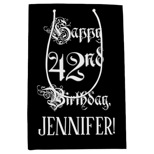 Sac Cadeau Moyen 42e anniversaire : Fancy, Elegant Script + Nom per (Devant)
