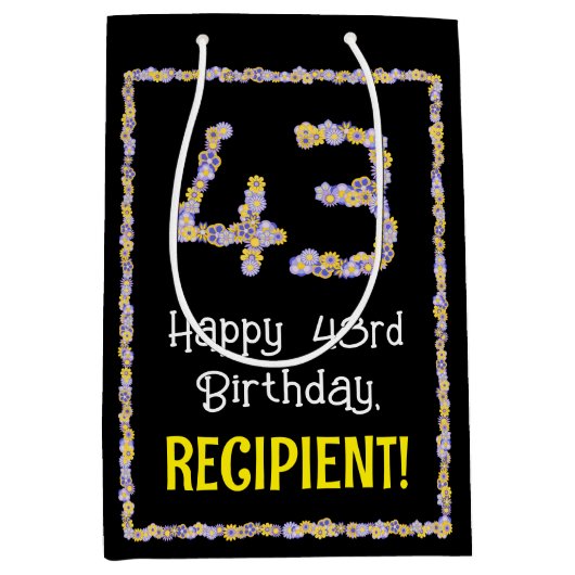 Sac Cadeau Moyen 43e anniversaire : Floral Flowers Numéro, Nom pers (Devant)