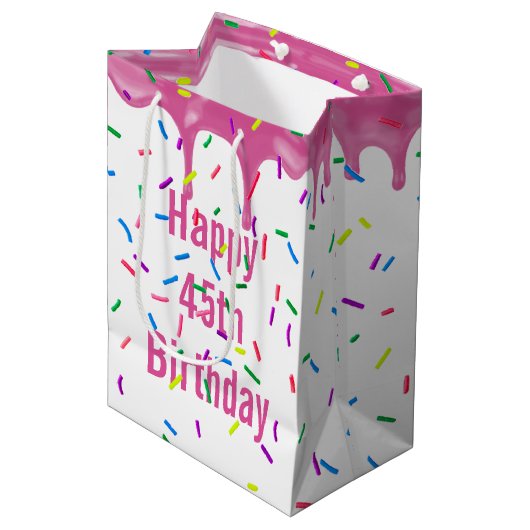 Sac Cadeau Moyen 45e Anniversaire Sprinkles Sur Glace Rose (Devant Angle)