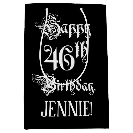 Sac Cadeau Moyen 46e anniversaire : Fancy, Elegant Script + Nom per (Devant)