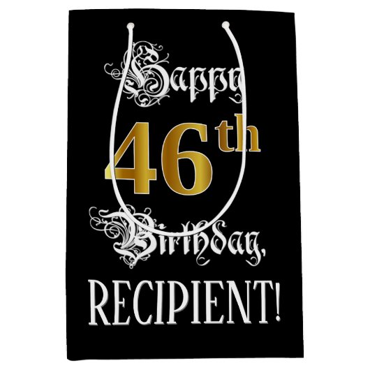 Sac Cadeau Moyen 46th Birthday ~ Fancy Script; Faux Gold Look; Name (Devant)