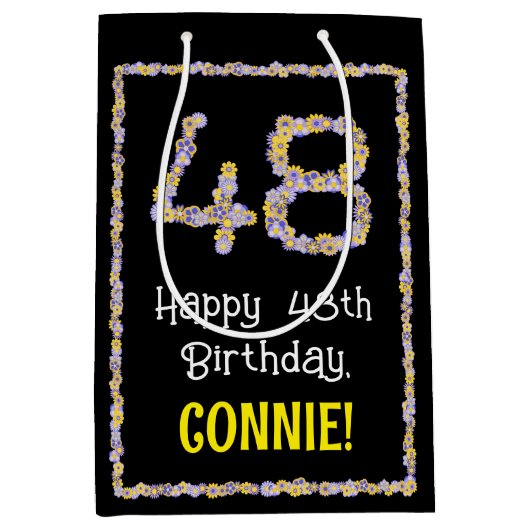 Sac Cadeau Moyen 48e anniversaire : Floral Flowers Numéro, Nom pers (Devant)