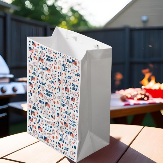 Sac Cadeau Moyen 4 juillet | Drapeau, feux d'artifice et étoiles de