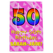 Sac Cadeau Moyen 50e anniversaire : Amusants Coeurs roses Stripes;  (Devant)