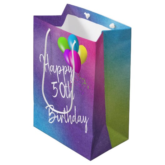 Sac Cadeau Moyen 50e Anniversaire Ballons Sur Arc En Ciel (Devant Angle)