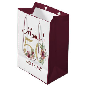 Sac Cadeau Moyen 50e anniversaire Bourgogne Gold Floral personnalis
