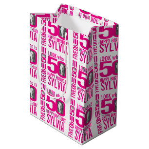Sac Cadeau Moyen 50e anniversaire look rose 50 nom photo personnali