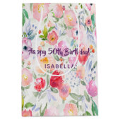 Sac Cadeau Moyen 50e anniversaire rose pourpre fleurons nom (Devant)