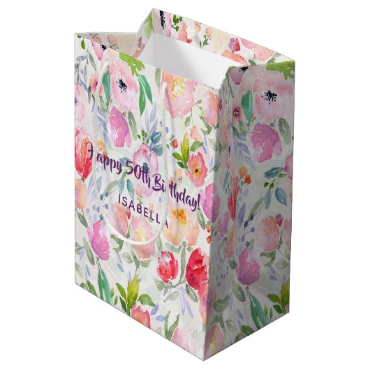 Sac Cadeau Moyen 50e anniversaire rose pourpre fleurons nom (Dos Angle)