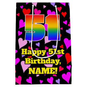 Sac Cadeau Moyen 51e anniversaire : Loving Hearts Motif, Arc-en-cie