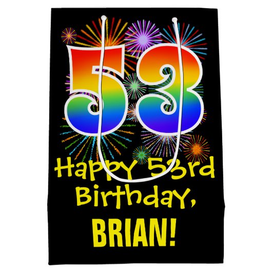Sac Cadeau Moyen 53e anniversaire : Fun Fireworks Motif + Rainbow 5 (Dos)