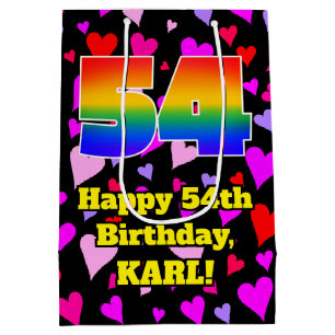 Sac Cadeau Moyen 54e anniversaire : Amour Hearts Motif, Arc-en-ciel