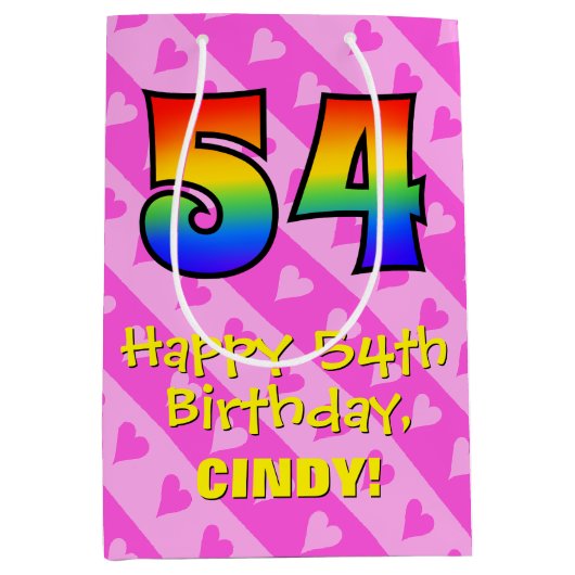 Sac Cadeau Moyen 54e anniversaire : Amusants Coeurs roses Stripes;  (Devant)