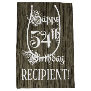 Sac Cadeau Moyen 54e anniversaire : fantaisie, Faux Wood Look + Nom