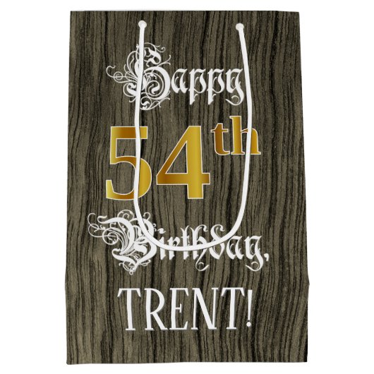 Sac Cadeau Moyen 54e anniversaire : Faux Gold Look & Faux Wood Moti (Dos)