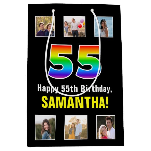 Sac Cadeau Moyen 55e anniversaire : Arc-en-ciel "55", photos person (Devant)