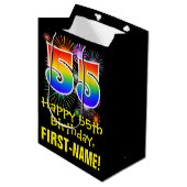 Sac Cadeau Moyen 55ème anniversaire : Fun Fireworks Motif + Rainbow (Devant Angle)