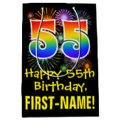 Sac Cadeau Moyen 55ème anniversaire : Fun Fireworks Motif + Rainbow (Devant)