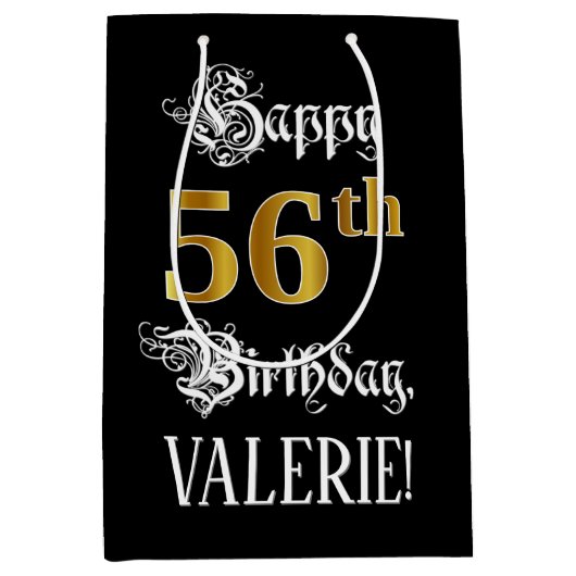 Sac Cadeau Moyen 56e anniversaire ~ Script fantaisie; Faux Gold Loo (Devant)