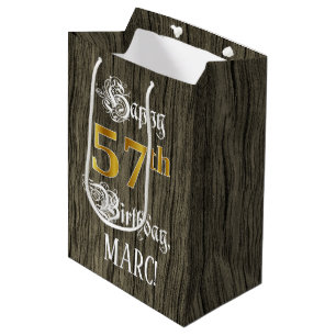 Sac Cadeau Moyen 57e anniversaire : Faux Gold Look & Faux Wood Moti